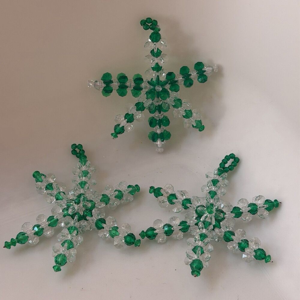 Set of 3 Handcrafted Green Clear Beaded Snowflake Christmas Ornaments 4”